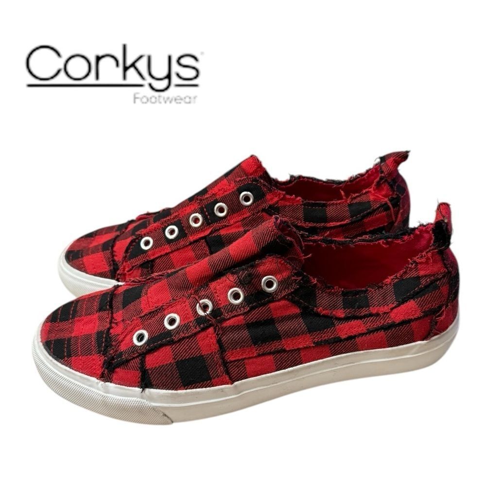 Corkys Babalu Women's Slip-on No Lace Red Black Plaid Sneakers 8